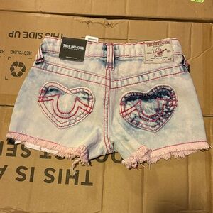 True Religion Light Blue Shorts with Pink Heart Details